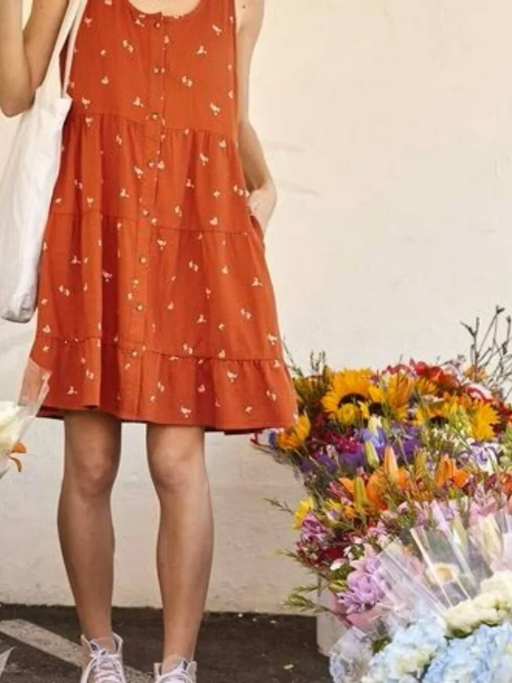 Granola Boho Beach Coastal Toad&Co Red Orange White Floral Mini Dress Size Large - Picture 1 of 9